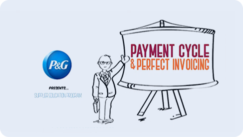 Illustration featuring the P&G logo in a blue circle and a person standing beside a presentation board with PAYMENT CYCLE & PERFECT INVOICING text