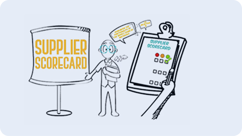 Illustration of a cartoon character standing next to a SUPPLIER SCORECARD poster and a scorecard